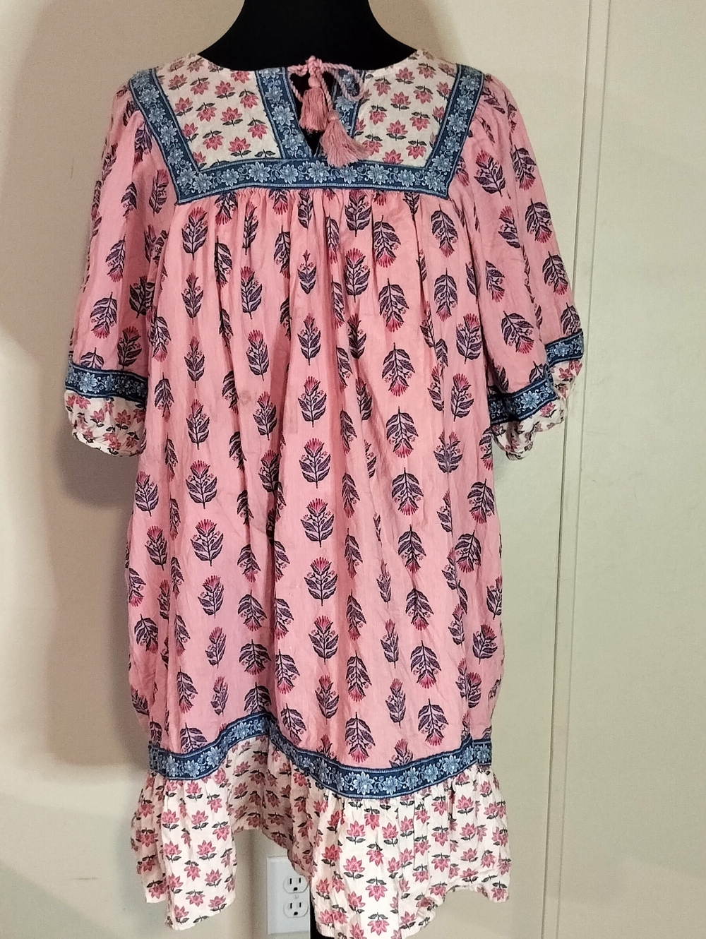 Old Navy Pink Floral Mini Dress with Blue Trim